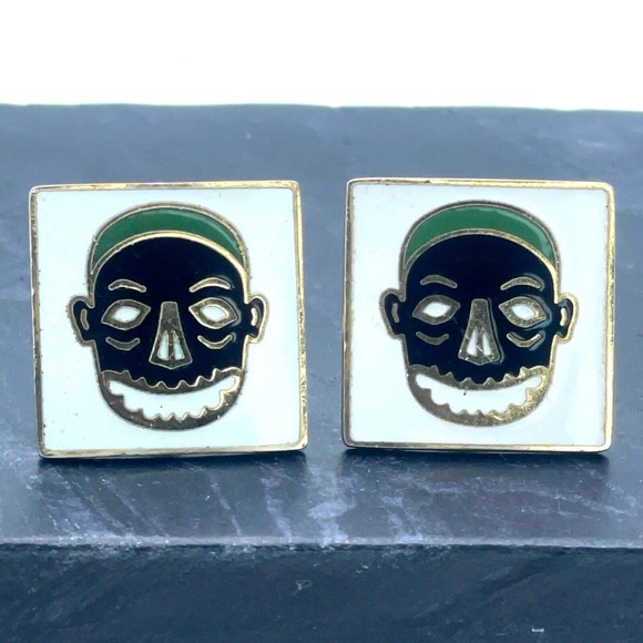 Vintage Swank Tribal Mask White Black Green Enamel Gold Bullet Back Cufflinks - Picture 2 of 9